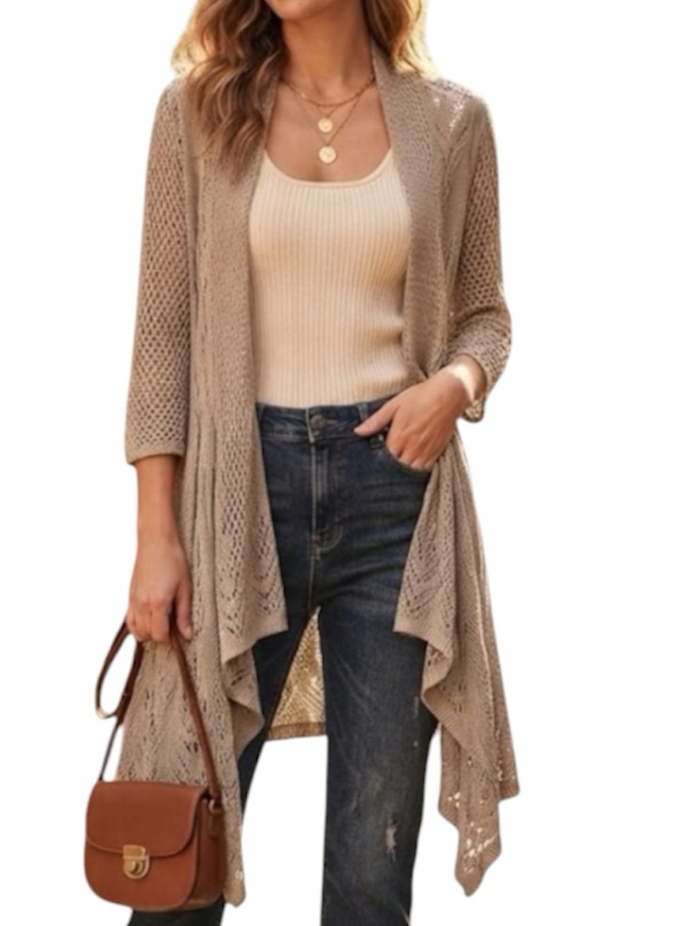 TRADITION Vintage Eyelet Open Front Cardigan Beige Grandmacore Boho Sweater L